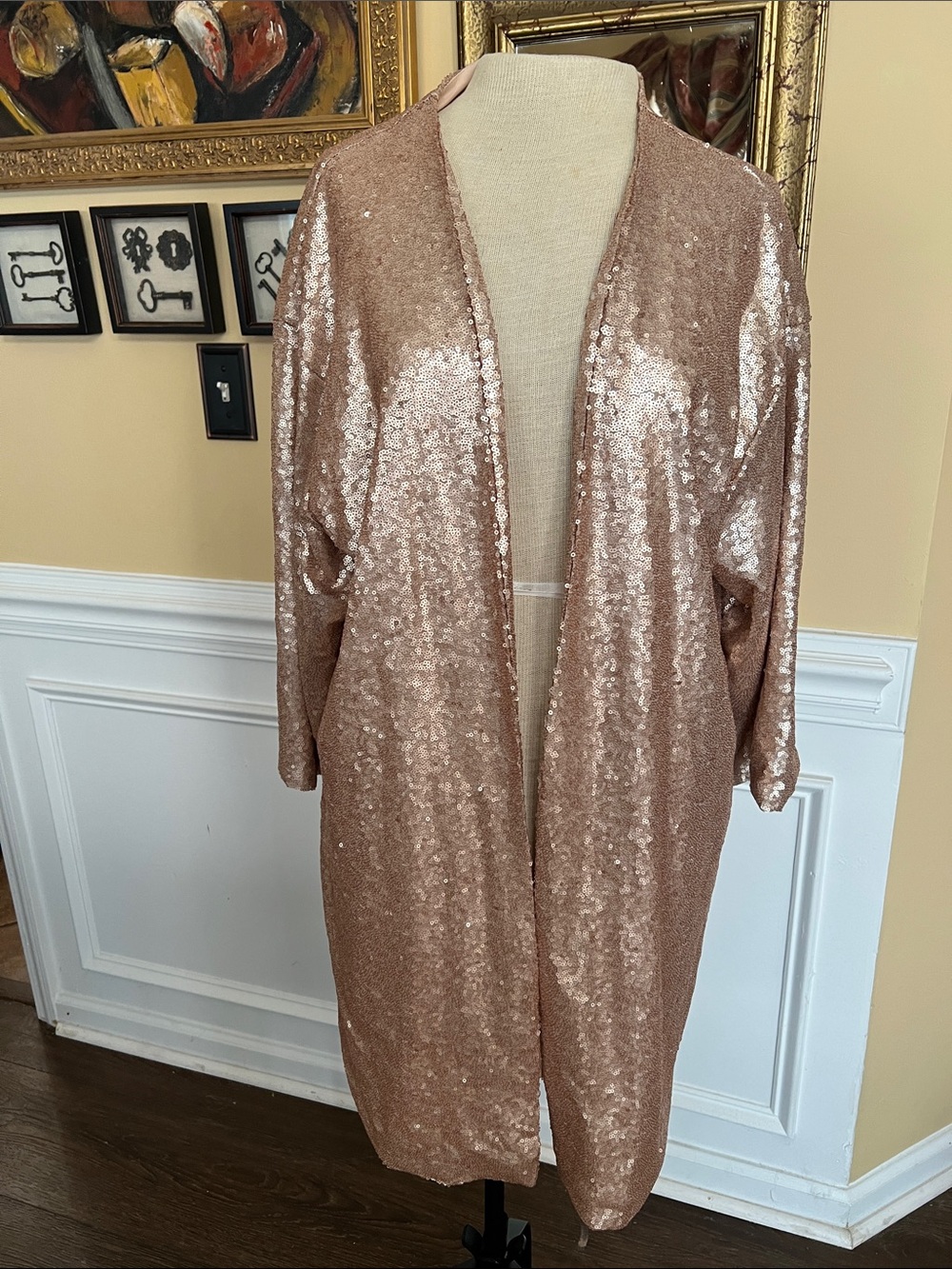 Sequin Open-Front Robe Kimono in Rose Gold